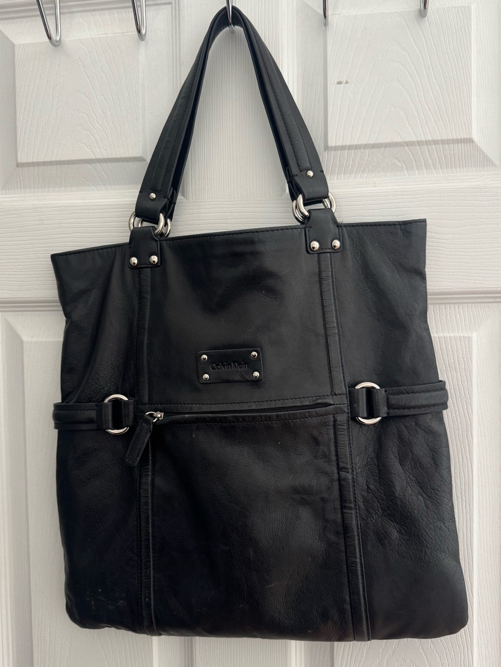 Calvin Klein Black Leather Tote with Front Zip Pocket